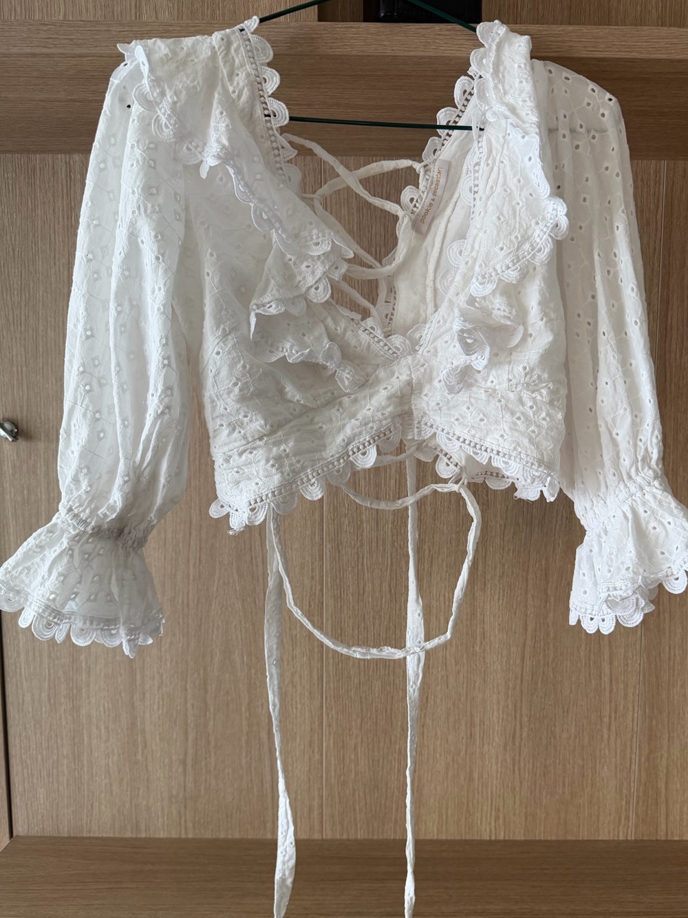 White Eyelet Lace-Up Cropped Blouse